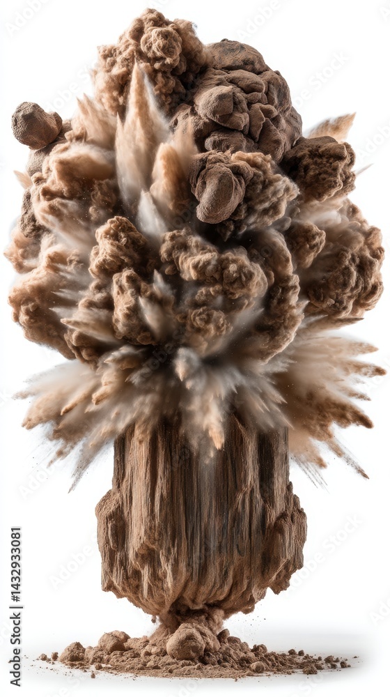Poster dramatic explosion of brown powder creating a dynamic abstract shape against a clean white backgroun