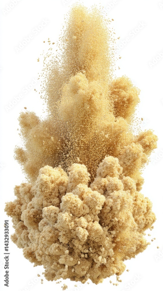 Poster golden explosion of granular material on white background a captivating display of dynamic movement 