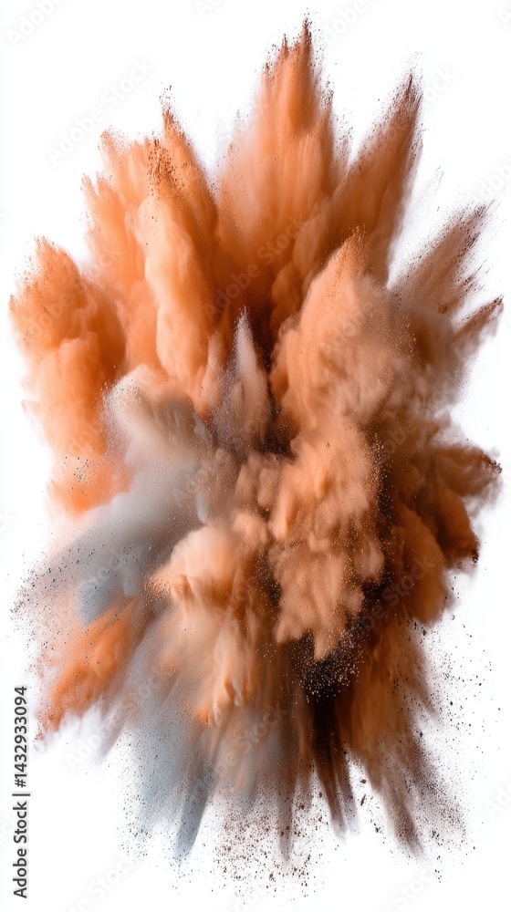 Poster dynamic explosion of vibrant orange and brown powder against a clean white background creating a bur