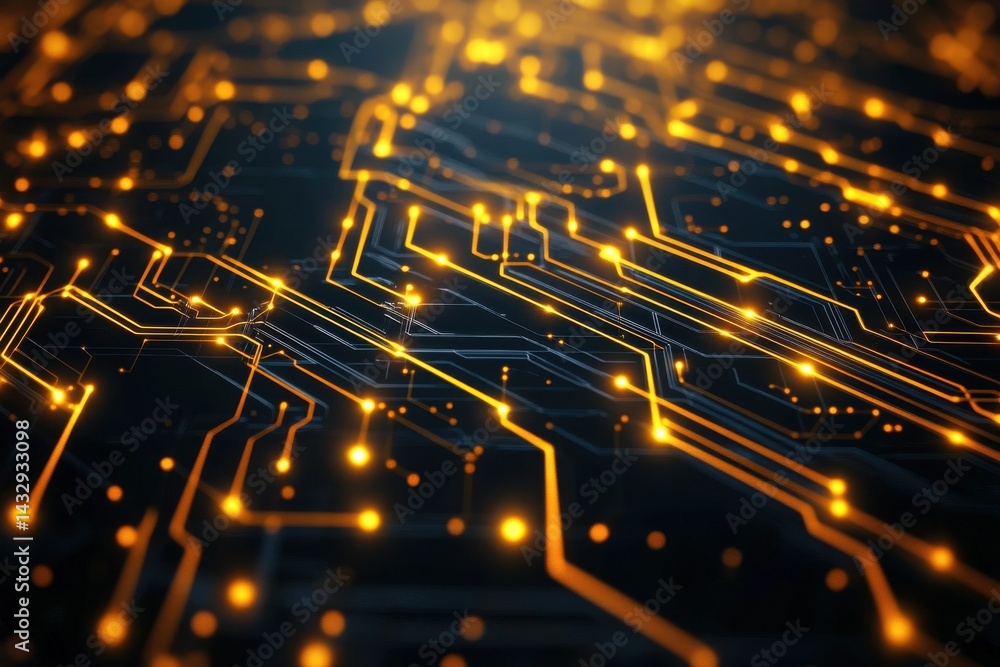 Poster abstract background with glowing yellow lights and circuit board lines symbolizing technological pro