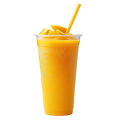 Clear full glass of mango juice with mangos laying beside