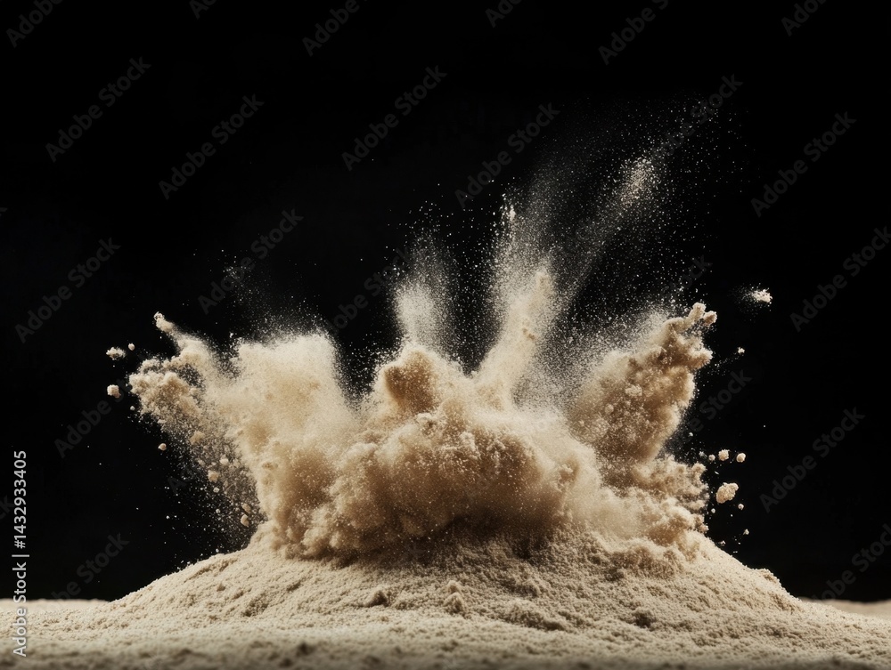 Poster captivating explosion of fine sand against a stark black background creating dynamic visual impact s