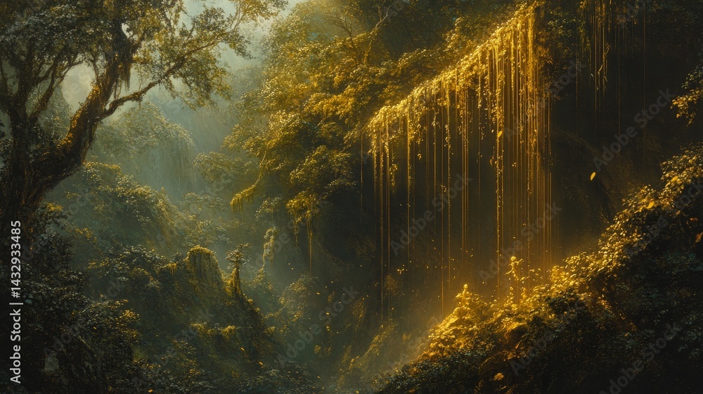 Poster lush forest scene with dense foliage and sunlight filtering through trees.