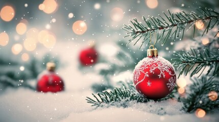 Obraz premium Festive red Christmas ornaments on snowy branches