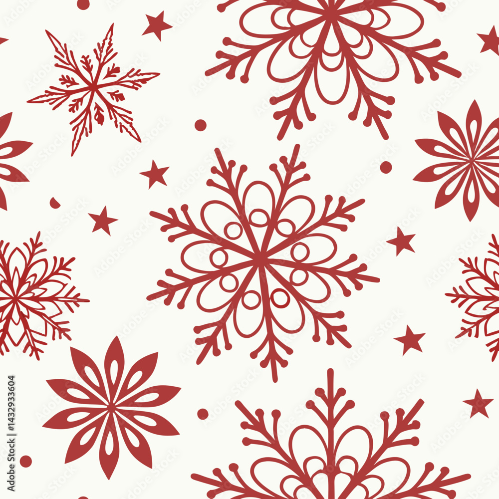 Poster seamless vector pattern of red snowflakes on a cream background
