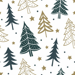 Obraz premium Seamless vector pattern of Christmas trees and stars 