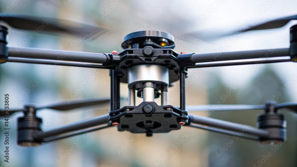 Poster close-up of a drone showcasing its propellers and body structure, emphasizing technology and modern 