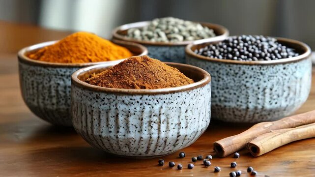 Four bowls filled with colorful spices sit on a wooden table, showcasing turmeric, cumin, mustard seeds, and cinnamon. These aromatic ingredients inspire creativity in cooking.