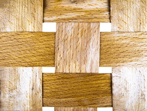 Texture of interwoven wood veneer. Wicker wooden box. Textured surface image. Isolated image without background. Image to insert into mockup. Photo for template. PNG format.