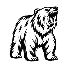 Roaring Bear, Aggressive Wild Animal Illustration. Black and White Grizzly Design