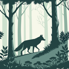 "Elegant fox silhouette walking through a mystical forest at night under a starry sky, howling on a cliff with glowing eyes, vector illustration"