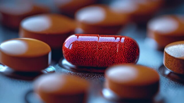 Various pills including a striking red capsule stand out against a backdrop of brown tablets. The arrangement showcases different shapes and colors in a clinical setting.