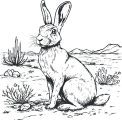 Black and white illustration of a rabbit sitting in a desert landscape with cacti and bushes