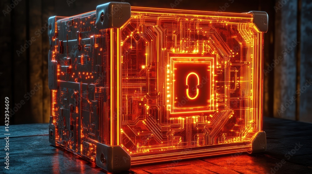 Poster glowing orange cube with circuitry and central processor.