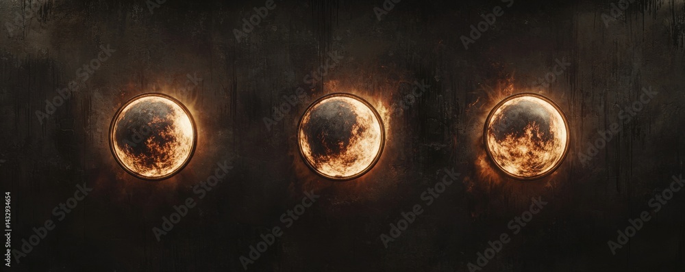 Poster three planetary images showing unique textures and features against a dark backdrop.