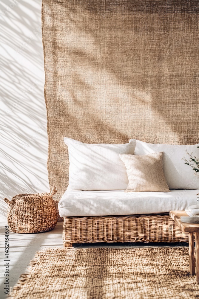 Poster serene indoor scene featuring a woven couch with white cushions and a textured backdrop casting soft