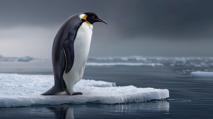 Obraz premium The fragility of nature visualized. This photorealistic image uses a penguin on fragmented ice as a powerful metaphor for habitat loss and global warming. Ideal for awareness campaigns.