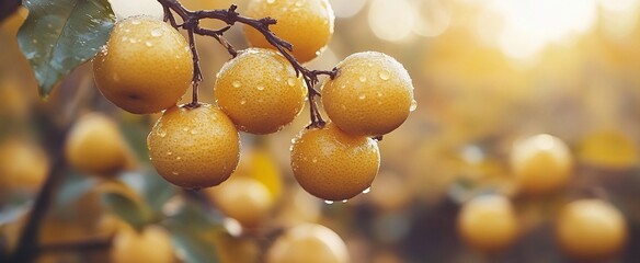 Fresh, wet citrus fruits on branch