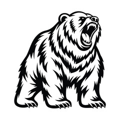 Black and White Roaring Grizzly Bear Silhouette, Aggressive Animal Clipart Design