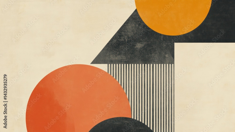 Poster abstract geometric art with circles, triangles, and rectangles in warm tones on a textured backgroun