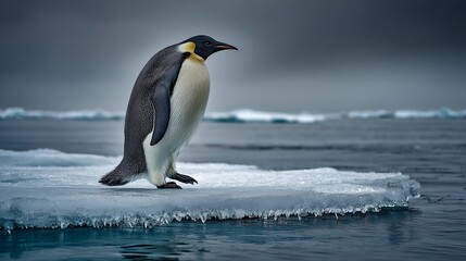 Naklejka premium Stark environmental commentary for World Penguin Day. A lone penguin isolated on a melting ice floe evokes vulnerability and the urgency of climate action. Conceptual nature shot.