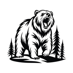 Roaring Bear Silhouette in Forest Black and White Icon, Nature, Wildlife, Predator