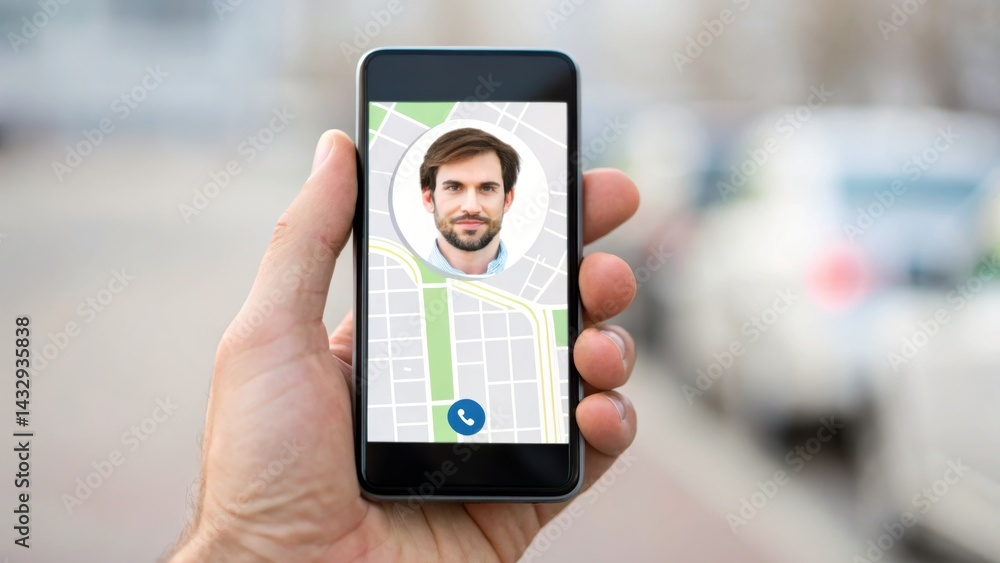 Poster a person holding a smartphone displaying a map with a circular profile picture overlay, suggesting n