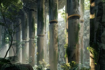 Sunlight streams through ancient stone columns in a dense forest, Incorporate elements of nature, such as columns inspired by tree trunks, into a virtual architectural landscape