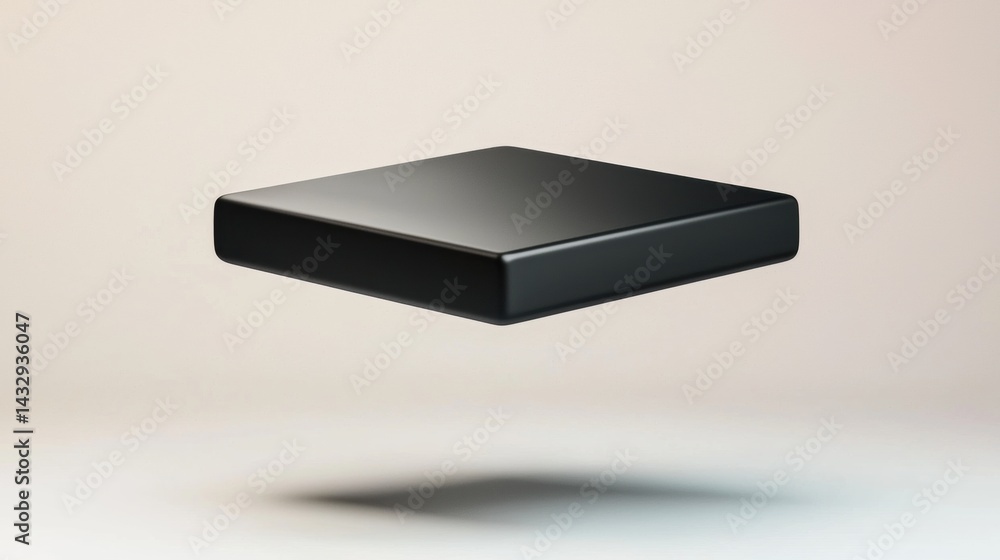 Poster a 3d rendering of a black cube floating in mid-air.