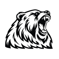 Roaring Bear Head, Angry Beast, Black and White Silhouette, Wild Animal, Aggressive