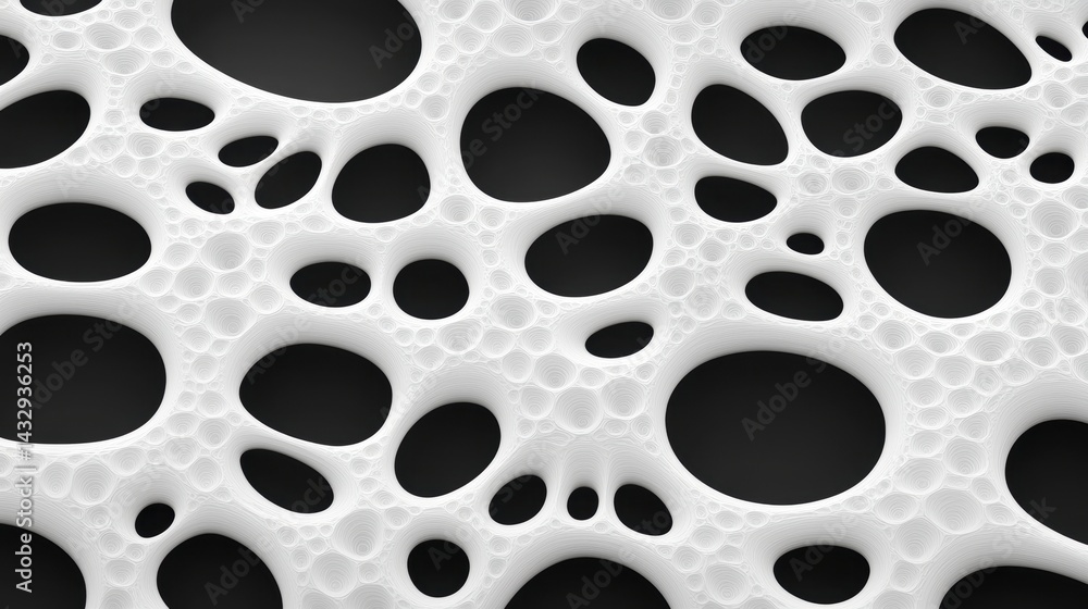 Poster a 3d rendering of a white, porous surface with black voids and irregular shapes.