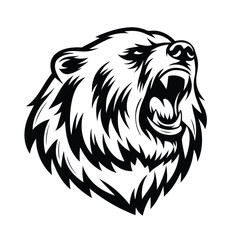 Aggressive Roaring Bear Head Outline Black & White, Wilderness, Wildlife, Danger
