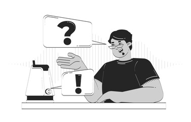 AI voice assistant device doodle lineart illustration. Virtual helper. Arab man interacting with smart speaker technology 2D line ink character isolated on white. Monochrome vector outline hand-drawn