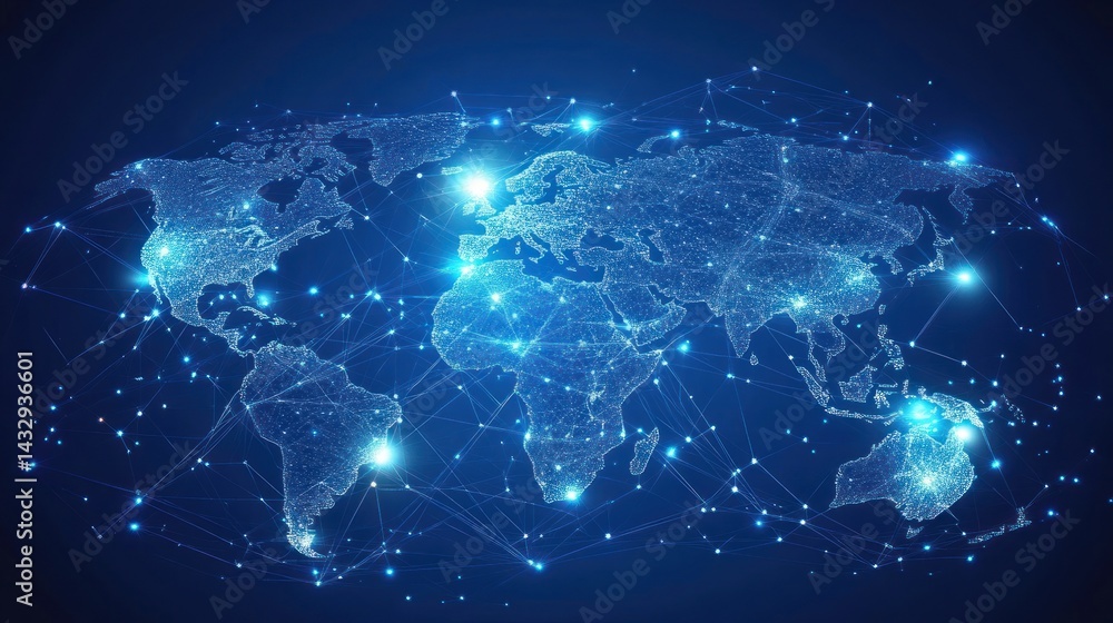 Poster global network connection, digital world map with glowing nodes and lines. (1)