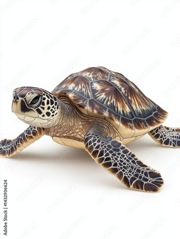 Poster captivating sea turtle on a pristine white background showcasing intricate shell patterns and textur
