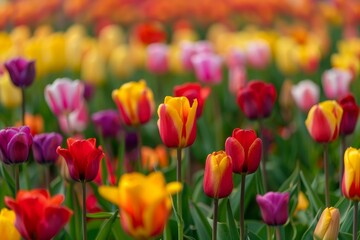Fototapeta premium A field of vibrant tulips in various colors swaying gently in the breeze, A field of colorful tulips swaying in the breeze