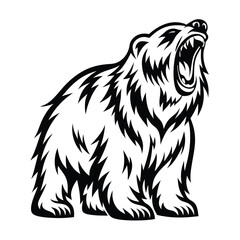Stylized Roaring Bear in Black and White Silhouette with Open Mouth Isolated