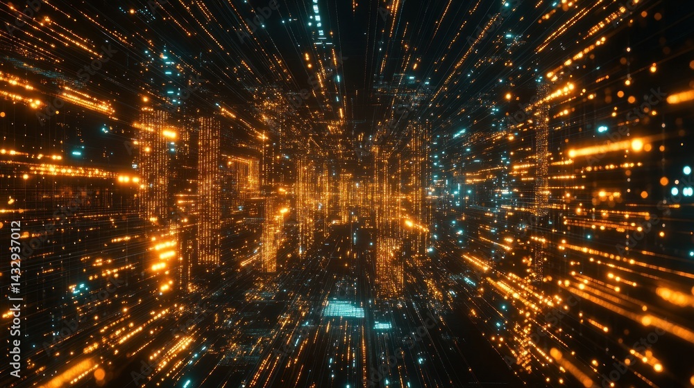 Poster abstract digital tunnel with glowing particles and lines.
