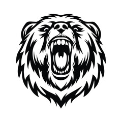 Roaring Black Bear Head Outline, Open Mouth With Visible Teeth, Black Furry, White Back