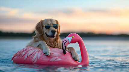 Golden Retriever Dog In Sunglasses On Pink Flamingo Float At Sunset Beach