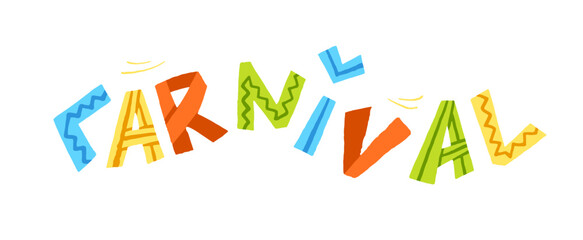 Word Carnival with colourful letters. Banner with text carnaval with different pattern. Decorated font of Rio party, Brazil festival, holiday. Flat isolated vector illustration on white background