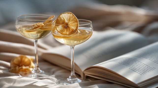 Glasses filled with sparkling cocktails sit elegantly beside an open book, their golden hues echoing the warmth of dried citrus garnishes. Soft light enhances the cozy atmosphere
