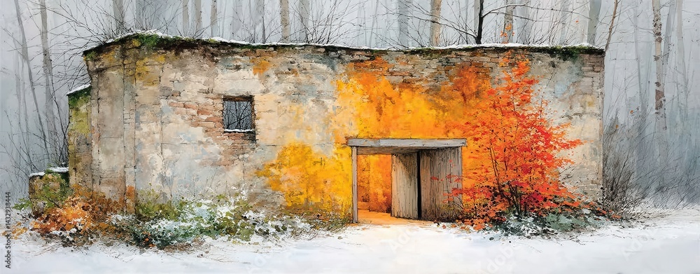 Aufkleber winter solstice double exposure line drawing of a rustic structure surrounded by snow and trees with