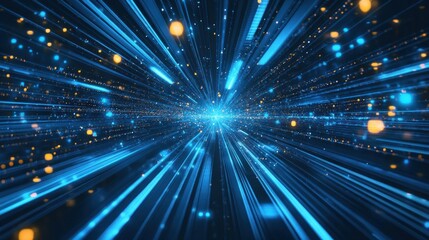 Fototapeta premium Abstract blue and gold light streaks radiating from center, resembling futuristic hyperspace travel or data stream.