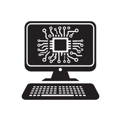 Computer Silhouette Vector Illustration, Solid White Background.