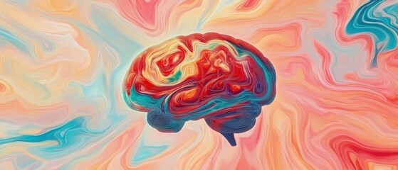 Obraz premium Colorful artistic brain illustration on abstract fluid background Concept of mental health, creativity, intelligence, and cognitive function