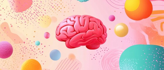 Pink human brain illustration with colorful abstract shapes Concept of mental health, creativity, and cognitive function