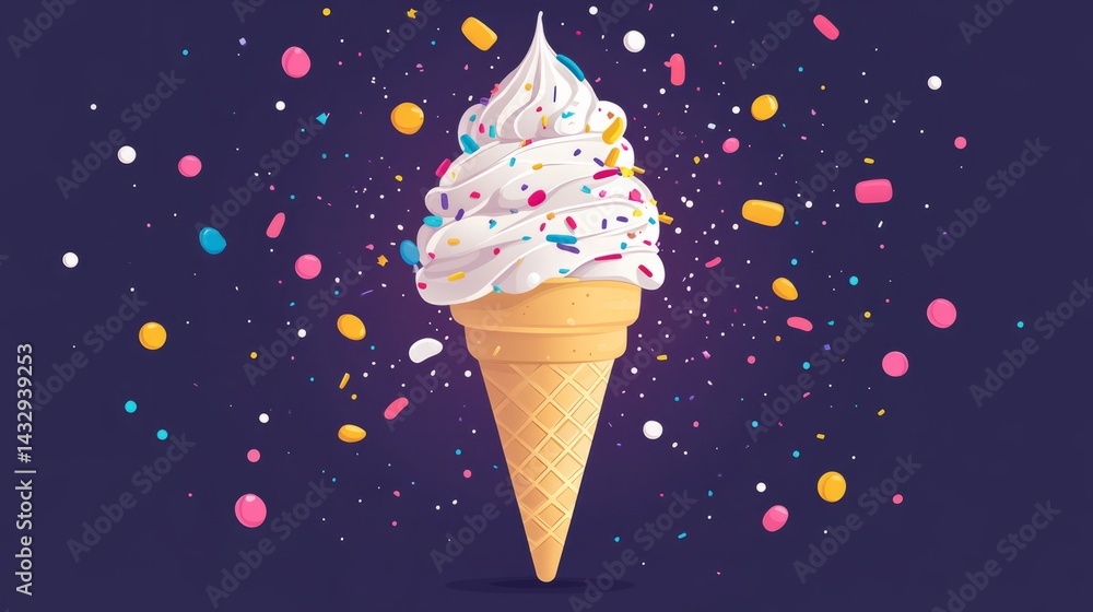 Poster flat design of an ice cream cone with various toppings, bright and playful colors