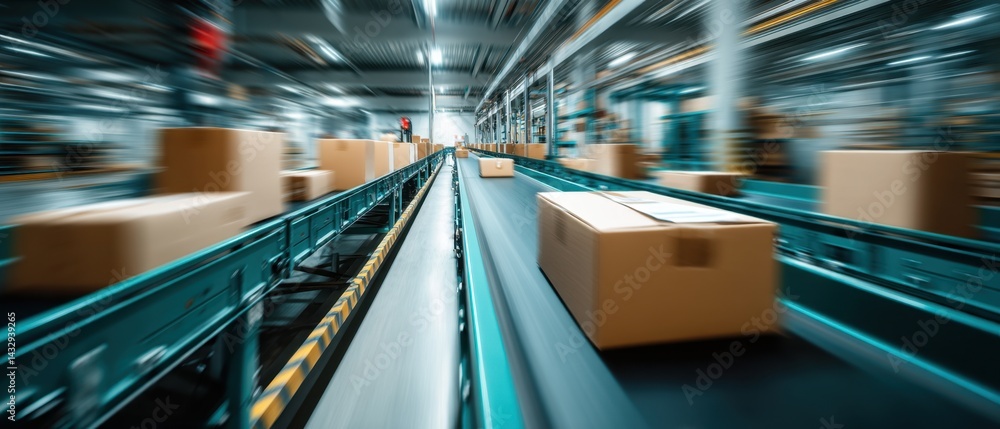 Poster dynamic warehouse scene featuring cardboard boxes on a conveyor belt with motion blur capturing the 