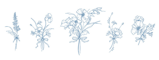 Elegant small Bouquets and Bows. Hand drawn Floral delicate botanical line art.  Wild and garden Flowers, leaves, herbs. Vector illustration for tattoo, wedding invitation, save the date card, frame